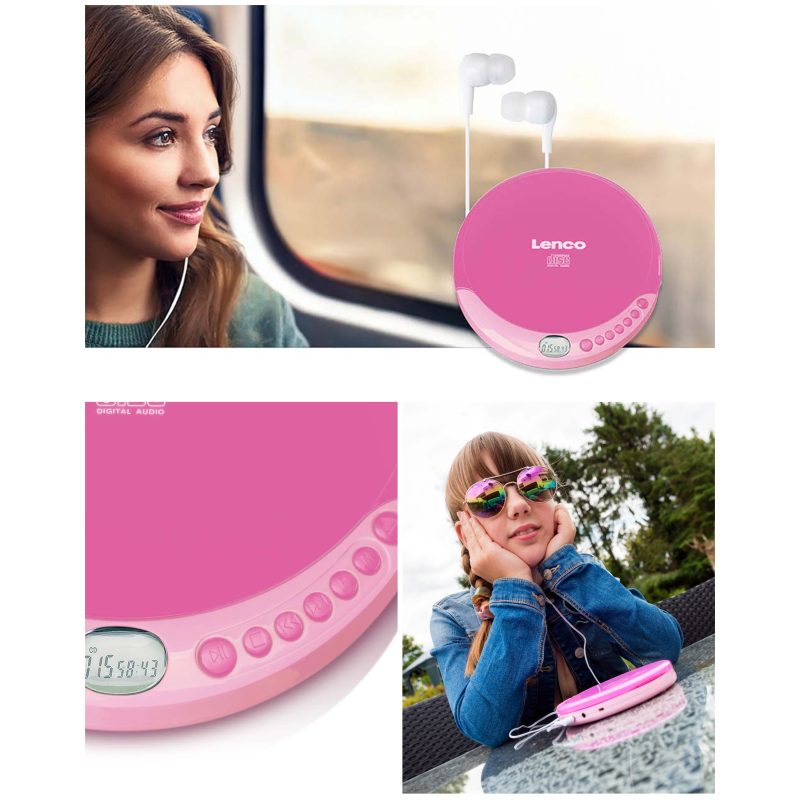Lecteur CD portable Rose avec fonction de recharge- Ecouteurs