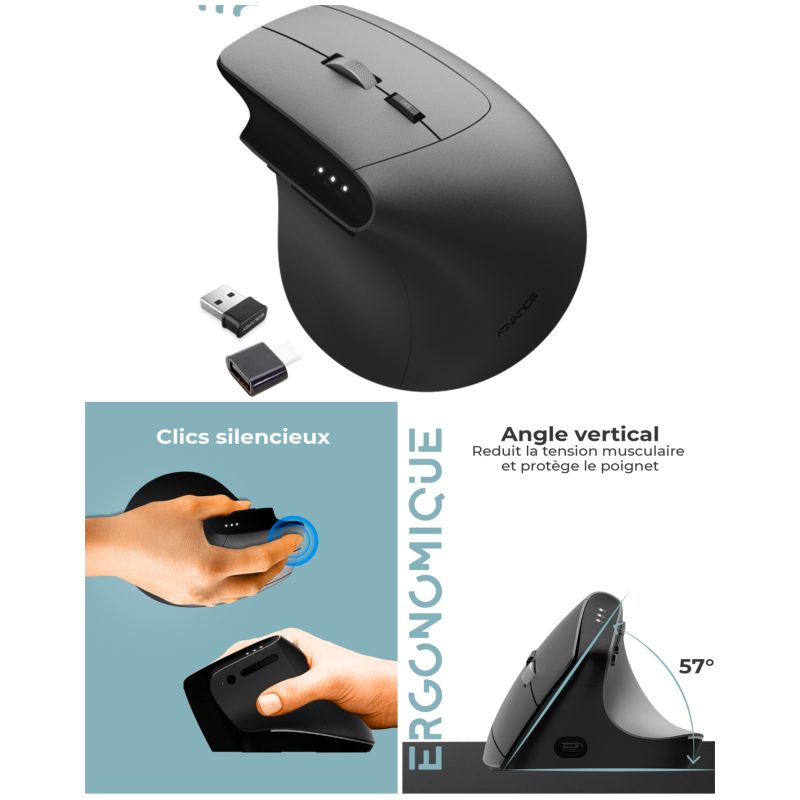 Souris ergonomique sans fil - capteur optique 3200 dpi - 6 boutons - USB