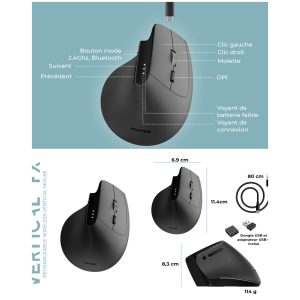Souris ergonomique sans fil - capteur optique 3200 dpi - 6 boutons - USB