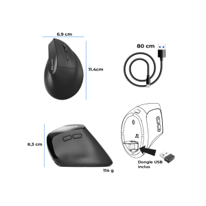 Souris ergonomique sans fil - capteur optique 2400 dpi - 6 boutons - USB