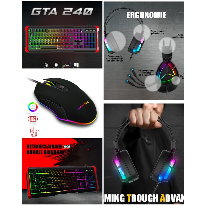 Pack gamer noir filaire RGB + clavier semi mécanique RGB filaire + Casque Gamer RGB Multiplateformes + Souris RGB