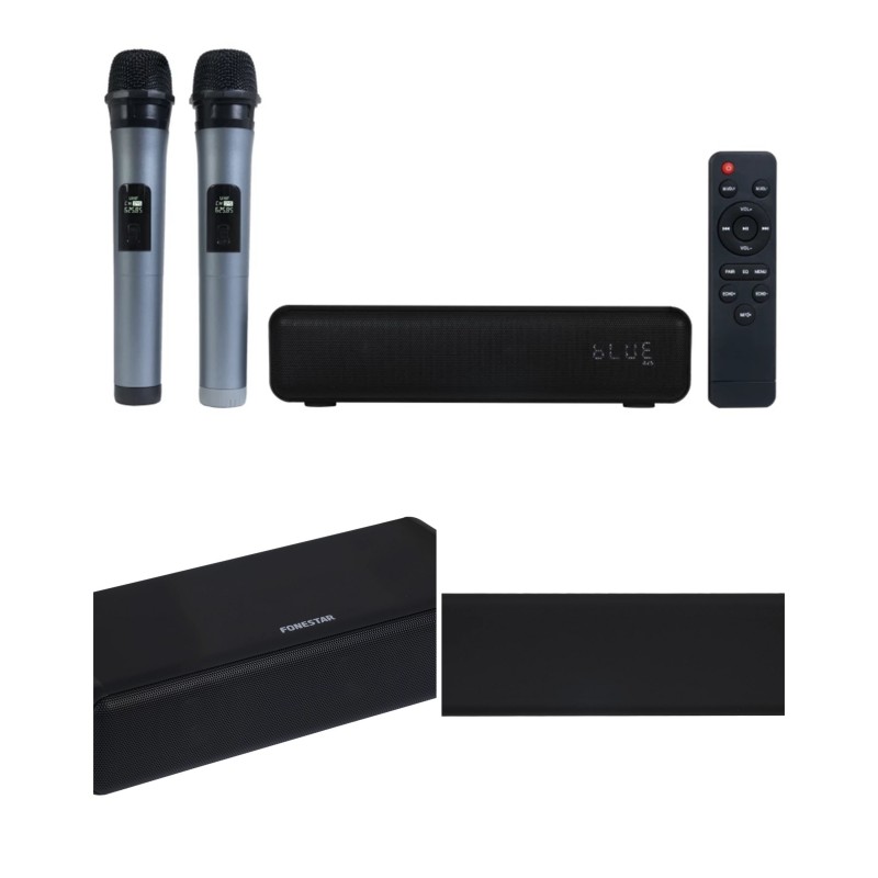 Barre de son portable 30 W party karaoké avec effet d'écho et 2 microphones sans fil UHF