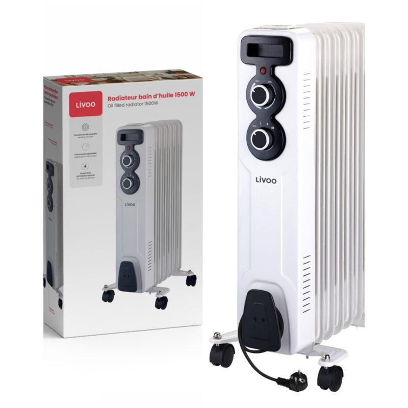 Radiateur à bain d'huile 1500W 7 colonnes 3 réglages de chaleur Thermostat réglable – blanc 3 réglages de chaleur