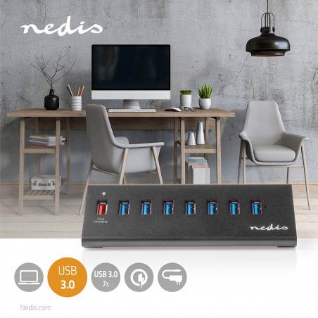 Hub USB 8-Port, QC3.0 / USB 3.2 Gen1, Alimentation secteur / Alimenté par port USB, 5 Gbps, 8 × USB