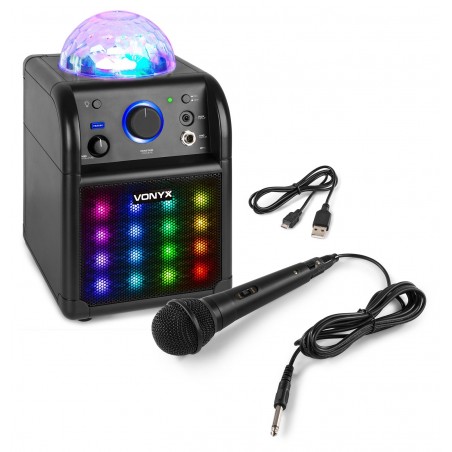 Enceinte karaoké Bluetooth 50 W sur batterie avec micro et effets LED – Noire