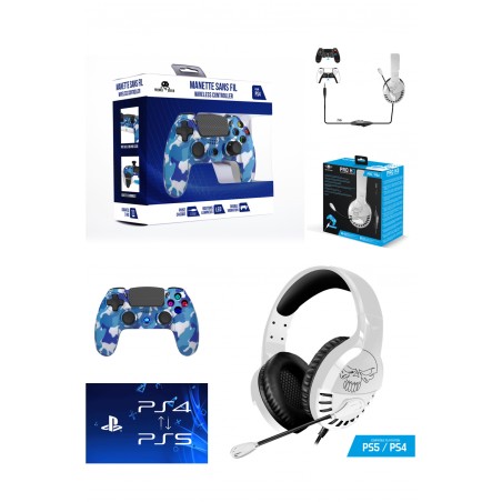 Pack manette PS4 Bluetooth Camouflage bleue 3.5 JACK + casque Spirit of gamer Pro-H3 PS4-PS5 PlayStation