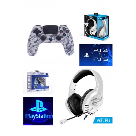 Pack manette PS4 Bluetooth Camouflage blanc 3.5 JACK + casque Spirit of gamer Pro-H3 PS4-PS5 PlayStation