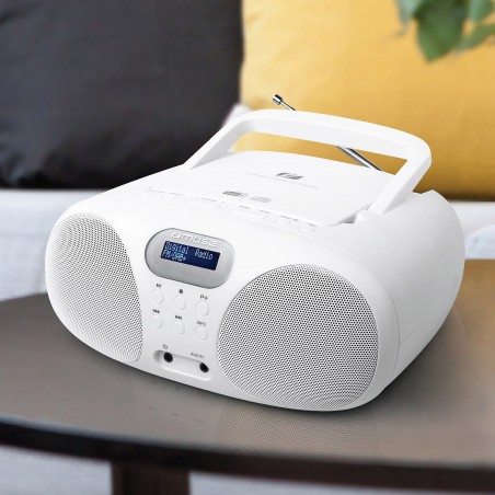 Radio DAB portable avec Lecteur CD entrée casque et antenne télescopique orientable, blanc