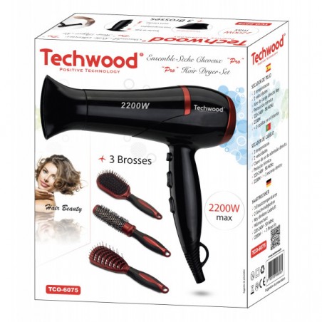Sèche Cheveux "Pro" 2 200 W noir 3 températures + 3 brosses