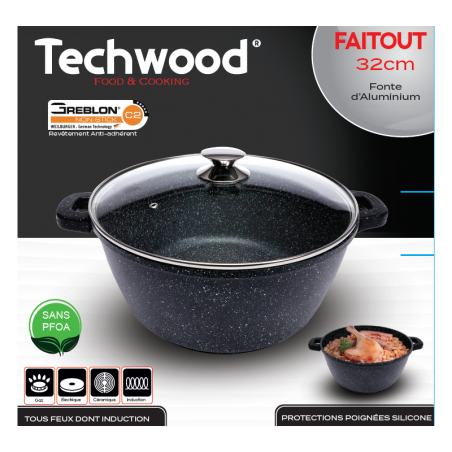 WOK 30 cm avec couvercle en Verre Manche Amovible – Fonte d'Aluminium tous feux
