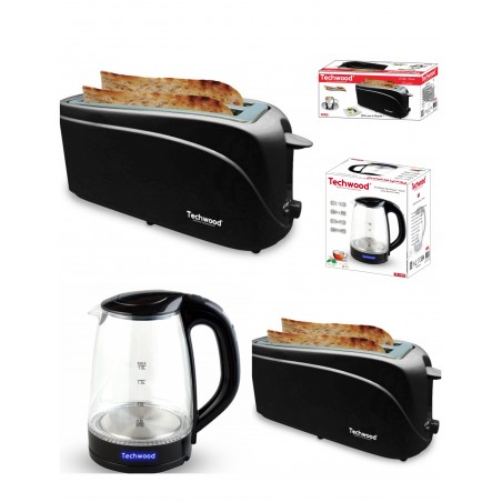 Pack DEJEUNER Bouilloire électrique en Verre noire LED bleu 1,7 L 2 200 W + grille-pain 2 longues