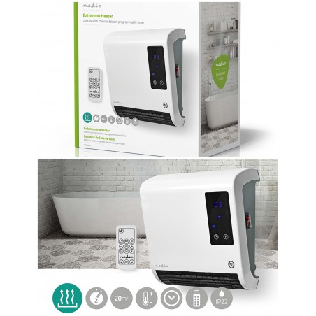 Chauffage de salle de bains 20 m2 2 000 W – 2 Modes de Chauffage IP22 télécommande blanc