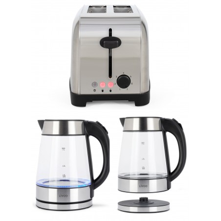 Bouilloire 1,7 L Acier Inox argent/noire 2 200 W + grille-pain acier inoxydable 850 W