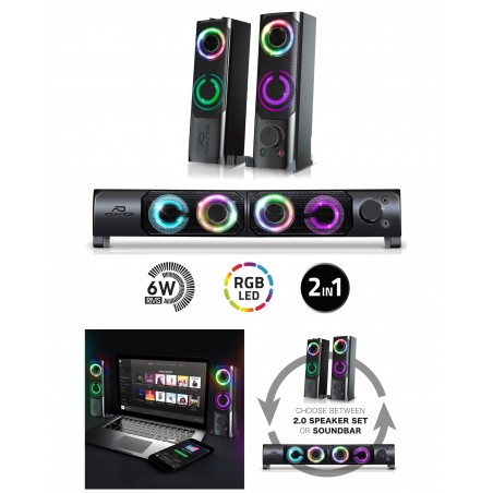 Pack 2 enceintes PC SoundPhonic USB 2.0 LED RGB – 6 W RMS Barre de son RGB sortie casque 3.5