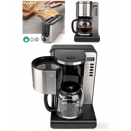 Cafetière Machine à café Programmable Inox 15 tasses 1 000 W + grille-pain Inox large fentes 1 000 W
