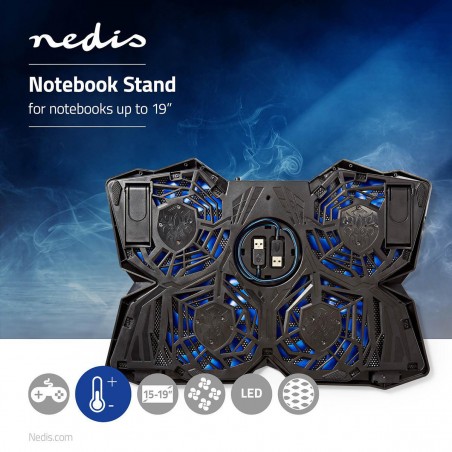 Refroidisseur pour ordinateur portable Gamer | 4 ventilateurs alimentés par USB | 15-19" | Hub USB Pass Through