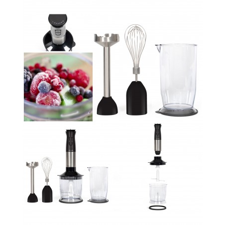 Mixeur plongeant électrique 800 w 4 lames avec hachoir + fouet+ recipient noir/aluminium