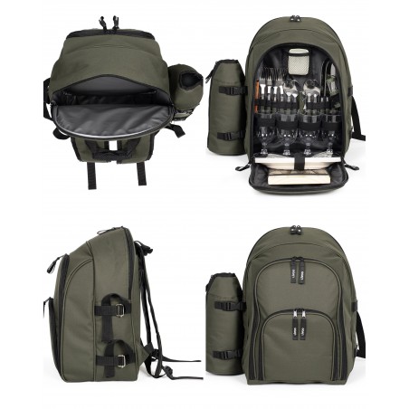Sac à dos pique-nique vert Isotherme 4 personnes Poche avant matelassée avec 29 accessoires inclus