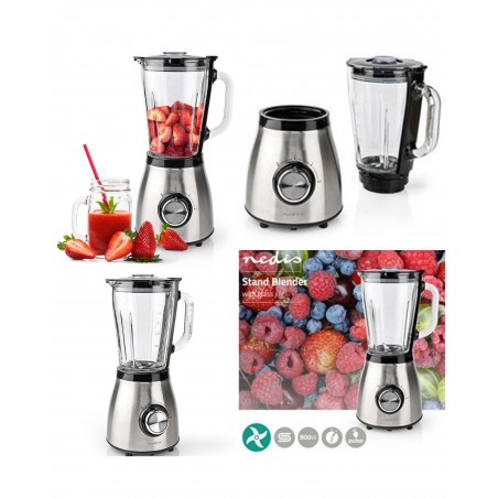 Blender Inox 800 W 1,5 L 2 Vitesses + Impulsions en acier Inoxydable Bol en Verre transparent gradué
