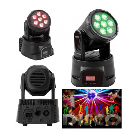 Mini lyre LED RGBW 7 × 10 W, LED RVBB DMX et maître/esclave.