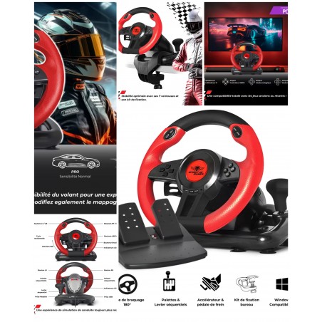 Volant et pédales de jeu Vidéo Race Pro Wheel 1 compatible WINDOWS 11/ PC Spirit of gamer PROGRAMMABLE 6 boutons