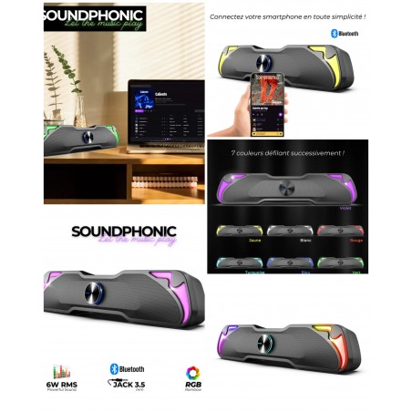Barre de son PC/MAC LED 7 couleurs défilantes 6 W RMS Bluetooth port auxiliaire Jack 3,5 mm