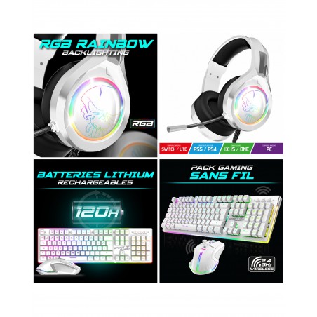 Clavier semi mécanique blanc sans fil sans fil RGB Pro + souris sans fil RF 2.4 GHz RGB Rainbow 4 800 ppp