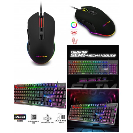 Pack gamer 2-en-1 ADVANCE Pro-GTA210 souris 2 400 ppp RGB + clavier Semi Mécanique RGB gaming