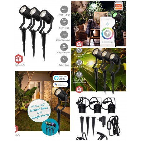 Pack 3 Lampes Projecteurs Extérieur LED RVB IP65 Smartlife 3 × 3 W LED RGB 2700 K