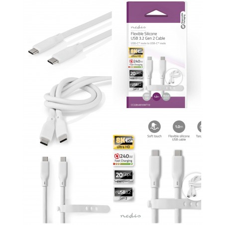 Câble USB 3.2 Gen 2 USB-C™ Mâle USB-C™ Mâle 240 W 8K@30 Hz 20 Gbps 1,00 m Rond Silicone blanc