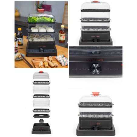 CUISEUR VAPEUR 3 ETAGES 8 PERS noir 12 L 1 200 W Minuteur 60 minutes avec arrêt automatique