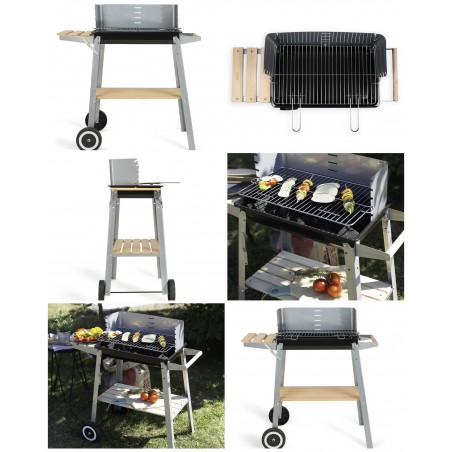 Barbecue charbon finition bois Sur Pieds ou de Table gris + Bois Poignées intégrées, pare-vent amovible