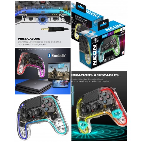 Manette PS4 Bluetooth NEON Bluetooth Lumineuse RGB 3.5 JACK PC, iOS ou Android.