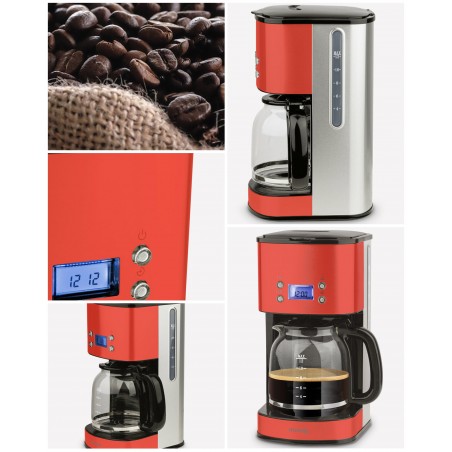 Cafetière Inox rouge 12 tasses 1 000 W Programmable 1,5 L rouge écran LCD
