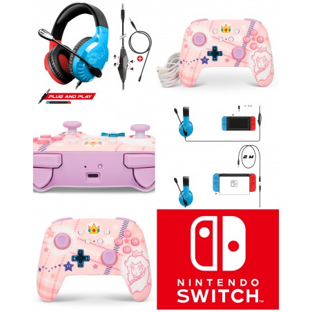 Casque PC Nintendo Switch rouge ET bleu + manette sans fil Bluetooth Améliorée Switch – Princess Peach Plaid