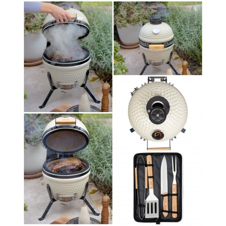 Barbecue céramique Kamado Thermomètre intégré SUR TREPIEDS Pour griller, cuire et fumer + USTENSILES A BARBECUE