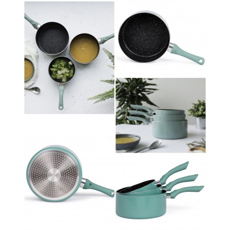 Ensemble de 3 casseroles vertes intérieur antiadhésif finition aspect pierre Compatible tous feux dont induction
