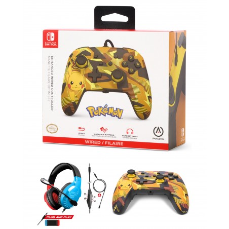 Casque PC Switch Nintendo rouge et bleu + manette filaire Switch Officielle Camo Storm Pikachu