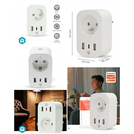 Prise intelligente Wi-Fi IP21 2 USB-A + USB-C Wattmètre 3 680 W Type E (CEE 7/6)