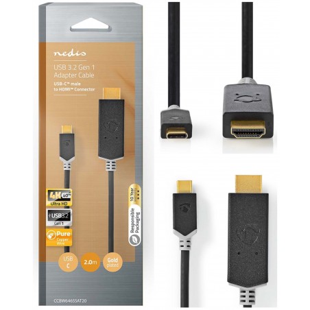 Cordon USB-C 3.2 Gen 1 USB-C™ Mâle HDMI™ Connecteur 4K 60 Hz 1,00 m Rond Plaqué