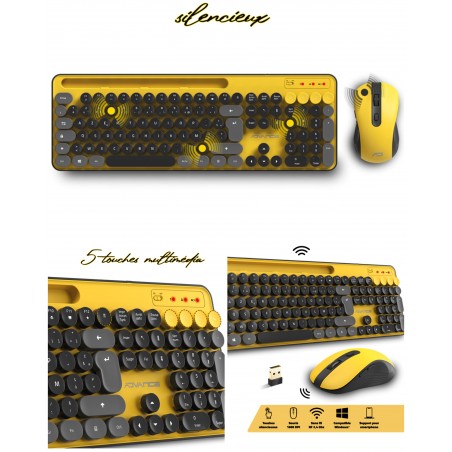 Pack Premium clavier sans fil + souris sans fil optique sans fil Desktop ADVANCE nano récepteur USB jaune ET noir