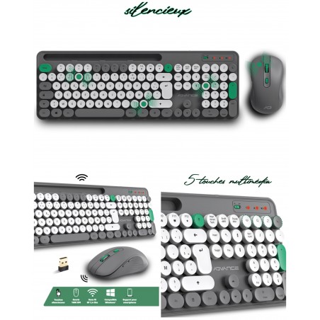 Pack Premium clavier sans fil + souris sans fil optique sans fil Desktop ADVANCE nano récepteur USB gris ET blanc