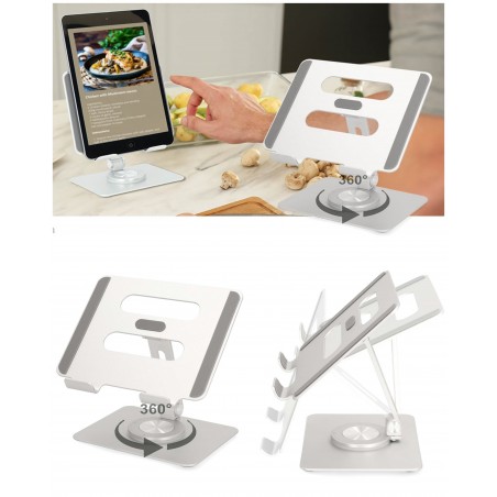 Support de bureau pour tablette pliable Support Mouvement Intégral design métal argent rotatif 360°