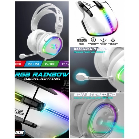 Souris Pro gaming Pro-M5 gaming & Multimedia 8 BOUTONS LED RGB 13 EFFETS 12 800 ppp + casque gamer