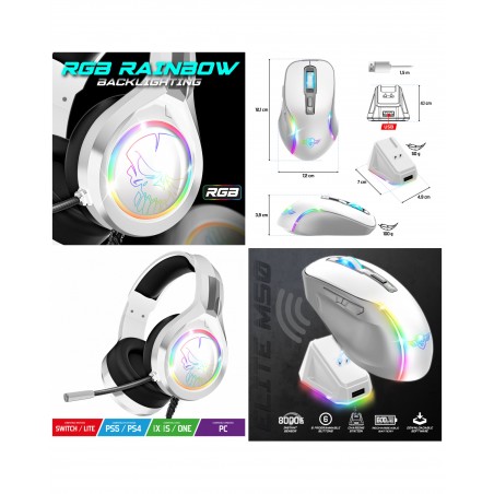 Casque gamer blanc PC Pro MULTIPLATEFORME stereo 2.0 gamer Multimedia + souris sans fil