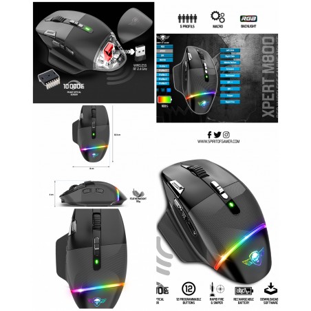 Souris PC gamer Sans fil 2.4 GHz 1 000 ppp M800 9 boutons rechargeable PixArt – Optique 20 heures avec RGB