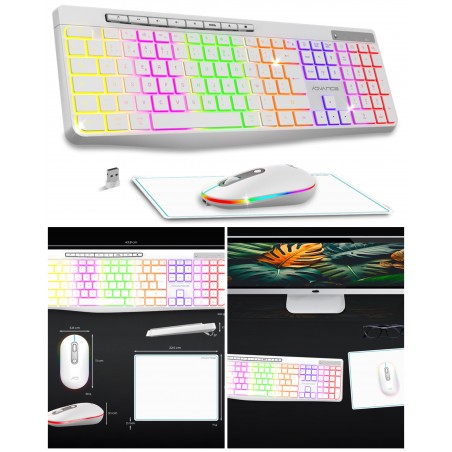 Clavier sans fil blanc RF 2.4 GHz LED RGB Compatible MAC Windows AZERTY IPX4 ETANCHE + souris