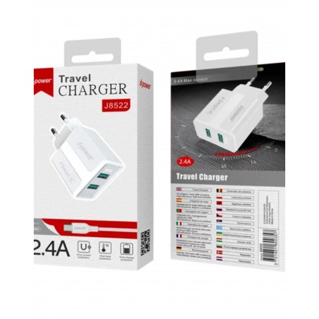 Chargeur Mural 2,4 A 2 sorties + Câble USB-C 1,0 m blanc