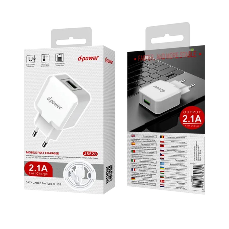 Chargeur Mural 2,1 A 1 sortie + Câble USB-C 1,0 m blanc