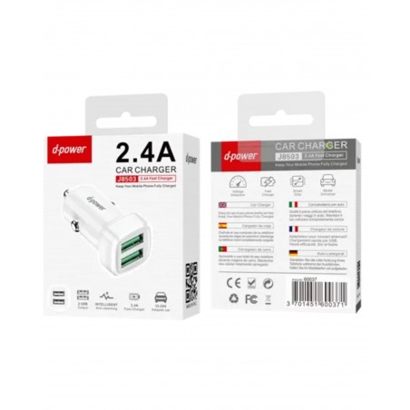 Chargeur de Voiture 2,4 A 2 sorties USB-A blanc